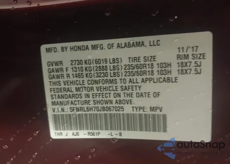 2018 Honda Odyssey Ex-L из США, поврежденный, VIN 5FNRL6H70JB067025